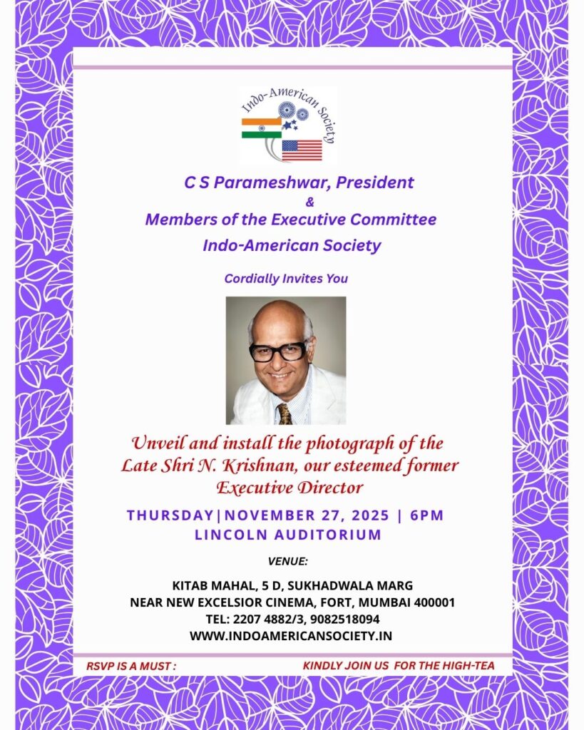 Invitation to Unveil the Photograph of Late Shri N. Krishnan – Thursday, November 27, 2025 @ 6pm at Indo-American Society